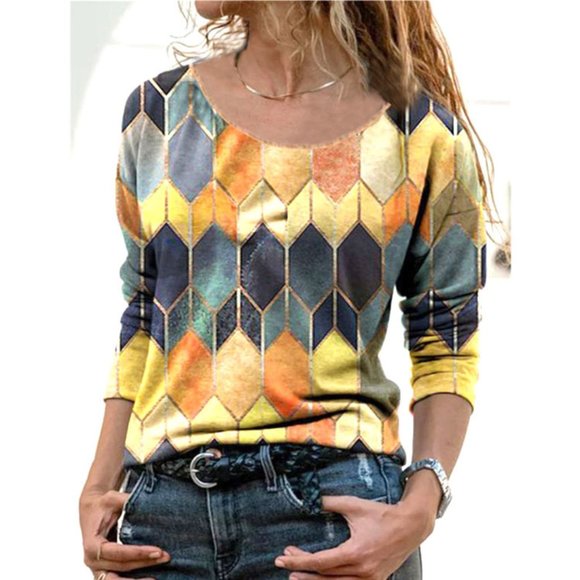 Geometric pattern loose long sleeve top T-shirt women's wear